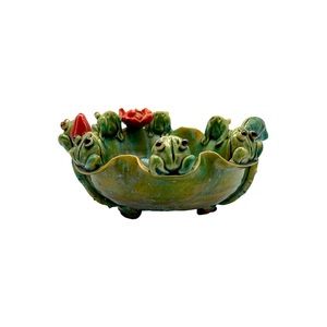 Antique Pottery Glazed Majolica Style Planter Vase Bowl, Frogs on Lily Pad, 7"